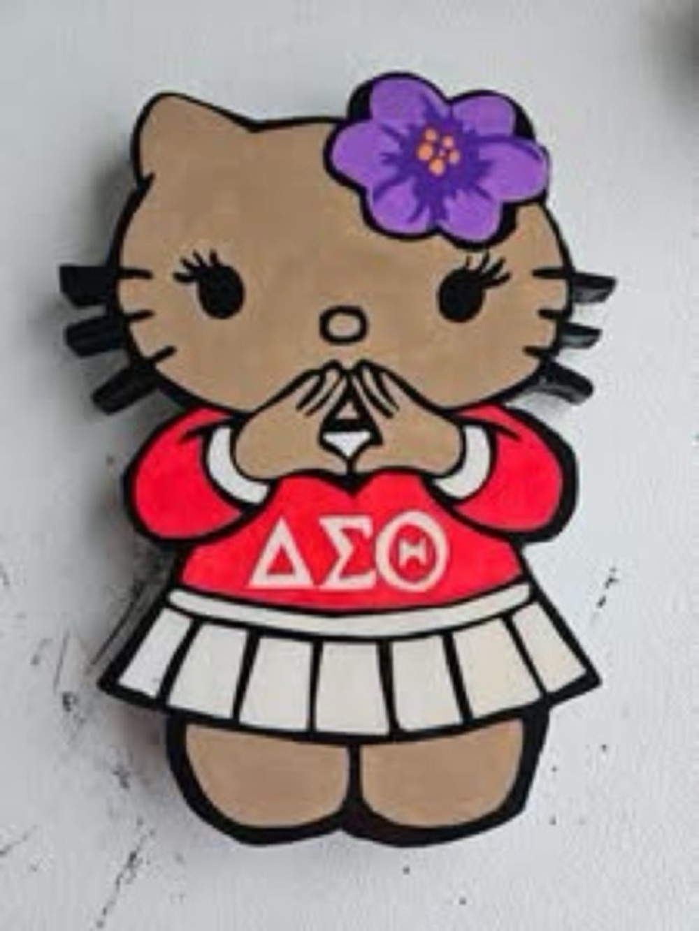 Hello Kitty Delta Sigma Theta Cartoon Pin - Red, Tan, Purple Wood Art Wall Decor